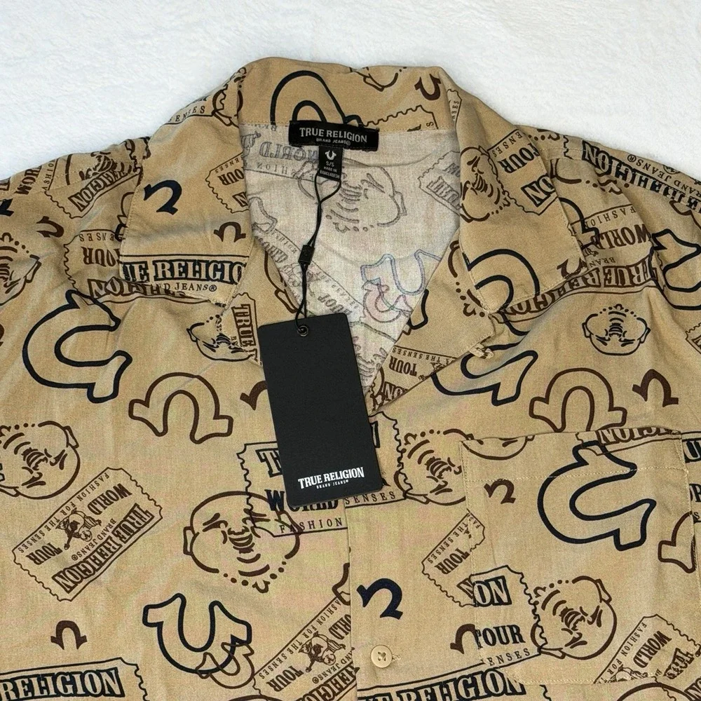 True Religion Ticket Print Camp Shirt Mens Small Beige AOP Resort Y2K NWT Street